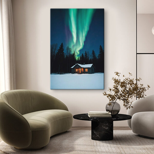 Maison dans la neige avec des lumières vertes dans le ciel Tableaux Maison dans la neige avec des lumières vertes dans le ciel