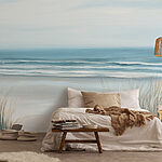 Papier peint Plage avec herbe et vagues