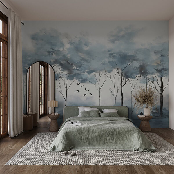 Groupe d'arbres avec des oiseaux volant dans les airs Papier peint Groupe d'arbres avec des oiseaux volant dans les airs
