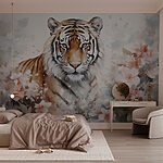 Papier peint Tigre dans un jardin fleuri