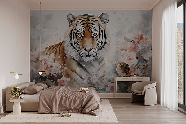 Tigre dans un jardin fleuri Papier peint Tigre dans un jardin fleuri