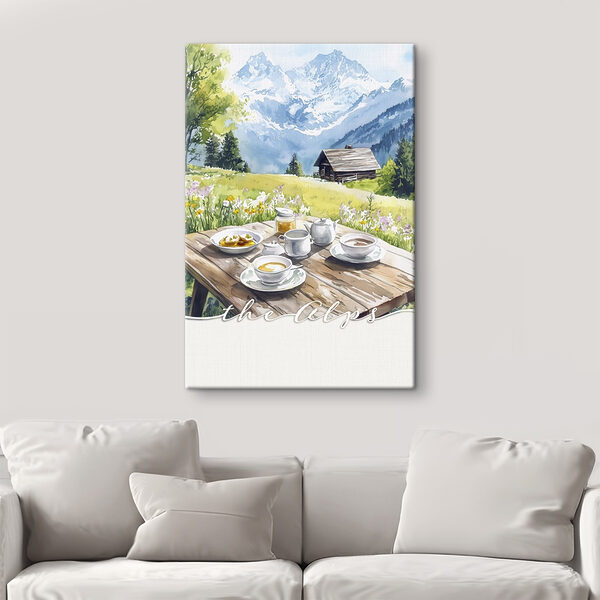 Table avec de la nourriture et une maison en arrière-plan Tableaux Table avec de la nourriture et une maison en arrière-plan