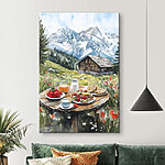 Tableaux Table avec de la nourriture et des boissons devant une montagne