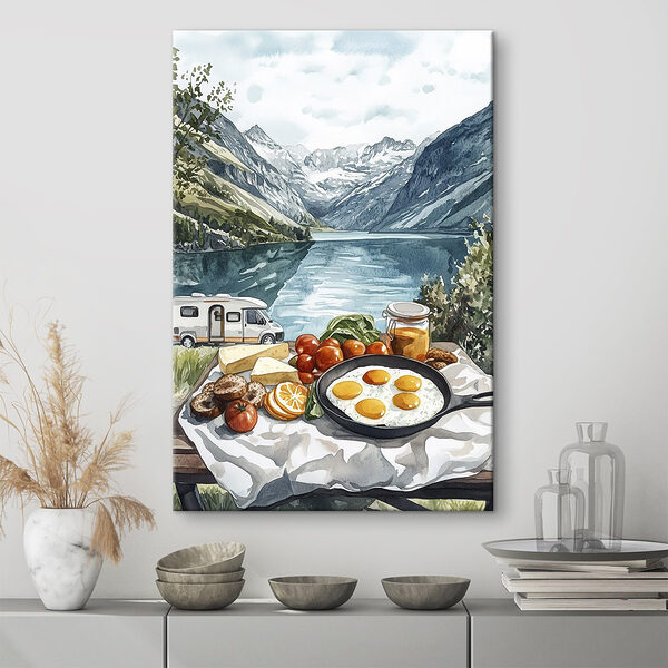 Nourriture sur une table au bord d'un lac Tableaux Nourriture sur une table au bord d'un lac