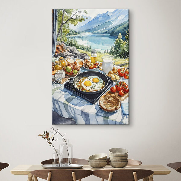 Poêle de nourriture et casserole d'œufs sur une table avec un lac en arrière-plan Tableaux Poêle de nourriture et casserole d'œufs sur une table avec un lac en arrière-plan