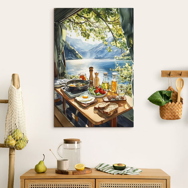 Table avec nourriture et boissons au bord d'un lac Tableaux Table avec nourriture et boissons au bord d'un lac