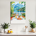 Tableaux Peinture à l'aquarelle d'une table avec des boissons et une vue sur un lac