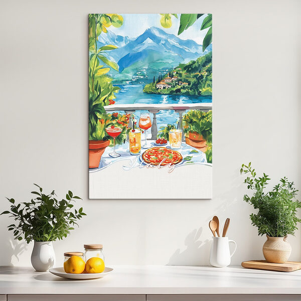 Peinture à l'aquarelle d'une table avec des boissons et une vue sur un lac Tableaux Peinture à l'aquarelle d'une table avec des boissons et une vue sur un lac