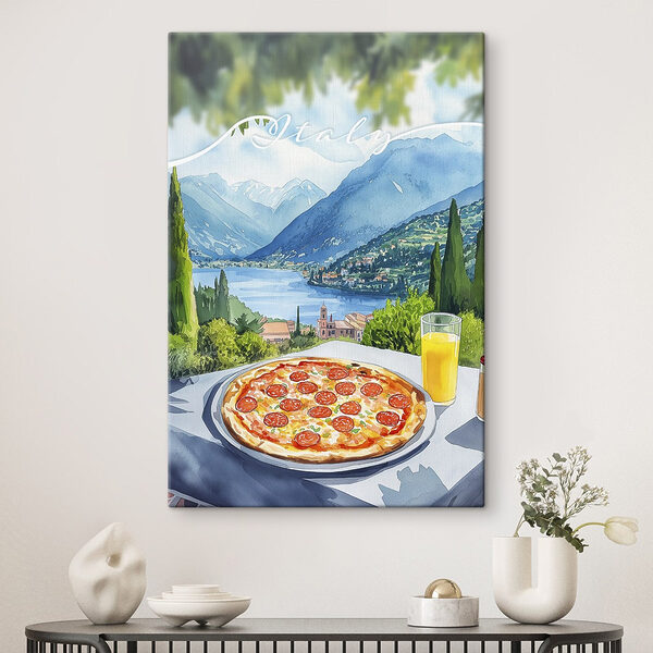 Pizza et jus de fruits sur une table avec des montagnes et des arbres Tableaux Pizza et jus de fruits sur une table avec des montagnes et des arbres
