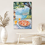 Tableaux Peinture à l'aquarelle d'une pizza et de boissons sur une table