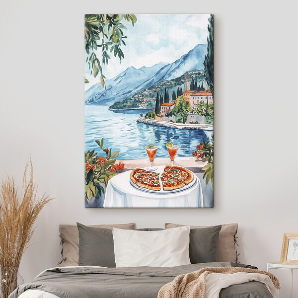 Peinture à l'aquarelle d'une table avec de la nourriture et un lac en arrière-plan Tableaux Peinture à l'aquarelle d'une table avec de la nourriture et un lac en arrière-plan
