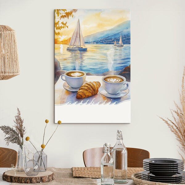 Deux tasses de café et un croissant sur une table avec un voilier en arrière-plan Tableaux Deux tasses de café et un croissant sur une table avec un voilier en arrière-plan