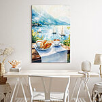 Tableaux Peinture à l'aquarelle d'une table sur laquelle sont posés du café et des croissants