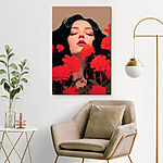 Tableaux Femme aux longs cheveux noirs entourés de fleurs rouges
