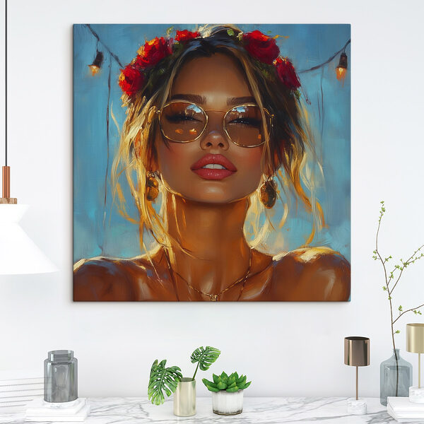 Femme avec des fleurs dans les cheveux et des lunettes de soleil Tableaux Femme avec des fleurs dans les cheveux et des lunettes de soleil