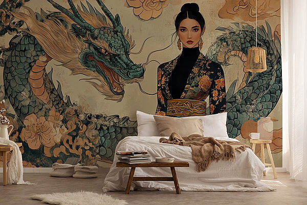 Femme en kimono et dragon Papier peint Femme en kimono et dragon