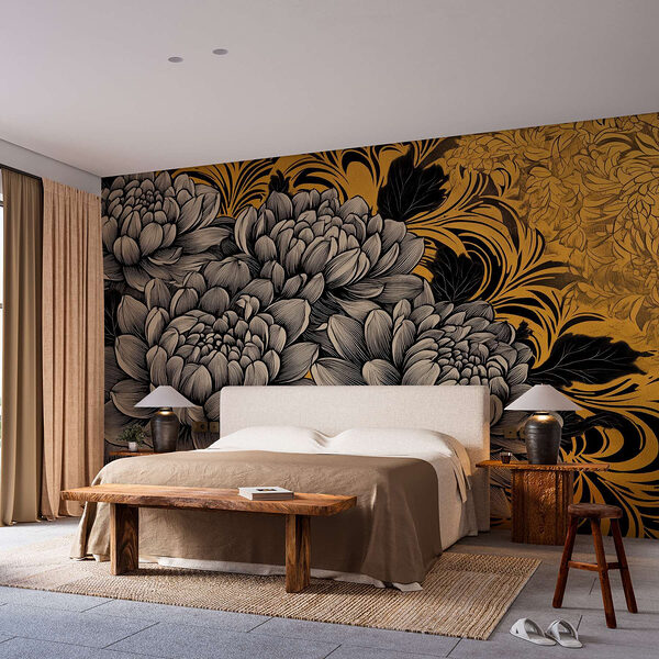 Motif floral exquis en noir et crème Papier peint Motif floral exquis en noir et crème