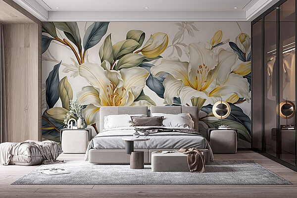 Fleurs élégantes dans une végétation luxuriante Papier peint Fleurs élégantes dans une végétation luxuriante
