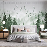 Papier peint Oiseaux volant au-dessus d'une forêt