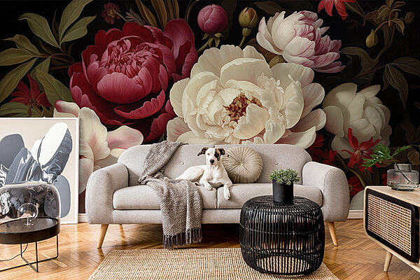 Papier peint Peinture de fleurs sur fond noir