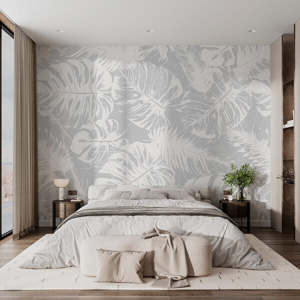 Papier peint Feuilles blanches sur fond gris (UGS : w02895) Papier peint Papier peint Feuilles blanches sur fond gris (UGS : w02895)