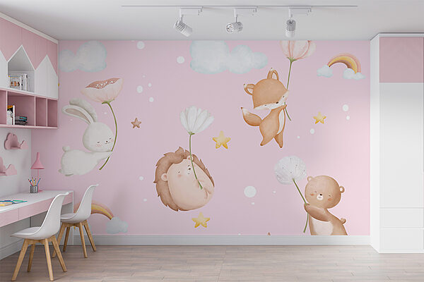 Groupe d'animaux tenant des fleurs Papier peint Groupe d'animaux tenant des fleurs
