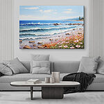 Tableaux Peinture d'une plage avec des fleurs et des vagues
