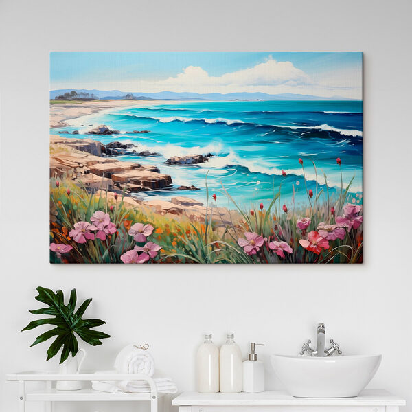 Peinture d'une plage avec des fleurs et des vagues Tableaux Peinture d'une plage avec des fleurs et des vagues