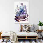 Tableaux Peinture à l'aquarelle d'une pile de livres et de bouteilles
