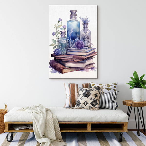 Peinture à l'aquarelle d'une pile de livres et de bouteilles Tableaux Peinture à l'aquarelle d'une pile de livres et de bouteilles