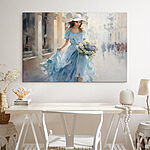 Tableaux Femme en robe bleue tenant des fleurs