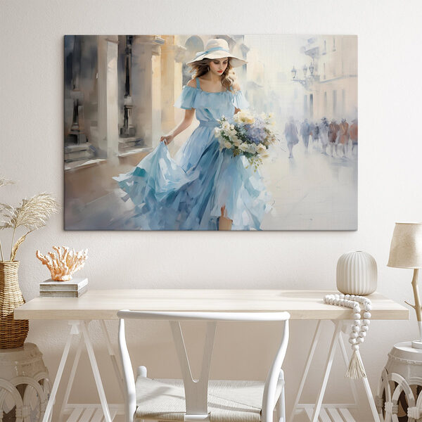 Femme en robe bleue tenant des fleurs Tableaux Femme en robe bleue tenant des fleurs