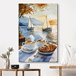 Tableaux Aquarelle de deux tasses de café et d'un croissant sur une table