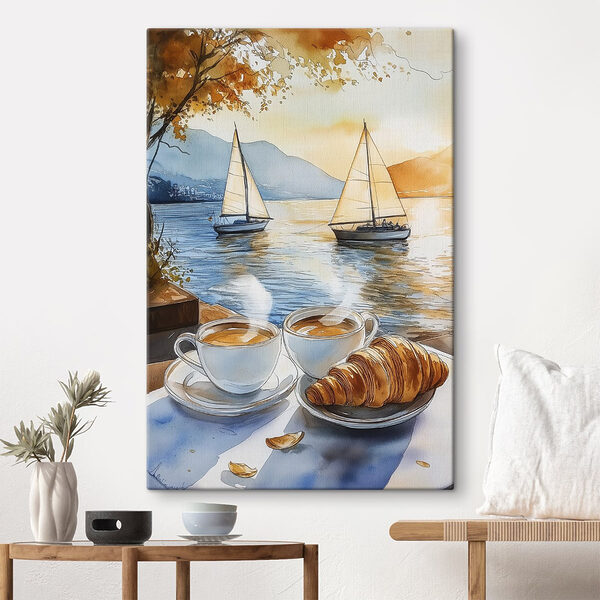 Aquarelle de deux tasses de café et d'un croissant sur une table Tableaux Aquarelle de deux tasses de café et d'un croissant sur une table
