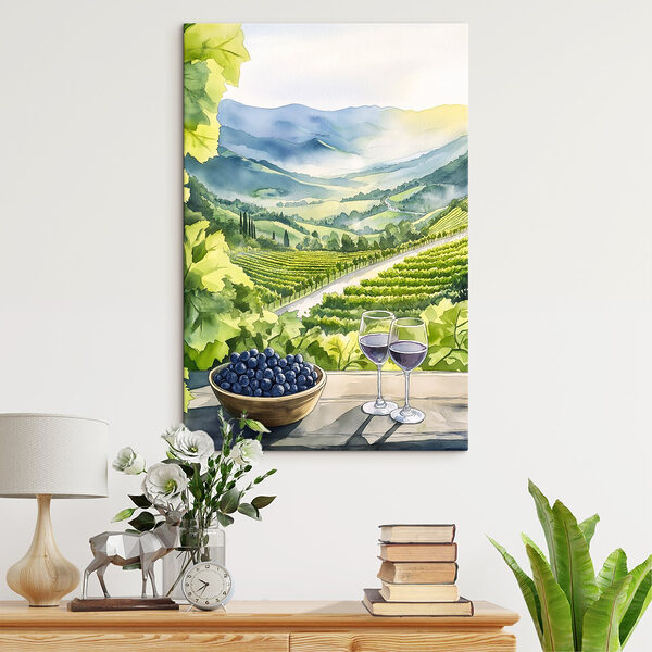 Peinture de verres à vin et de raisins sur une table devant un vignoble Tableaux Peinture de verres à vin et de raisins sur une table devant un vignoble