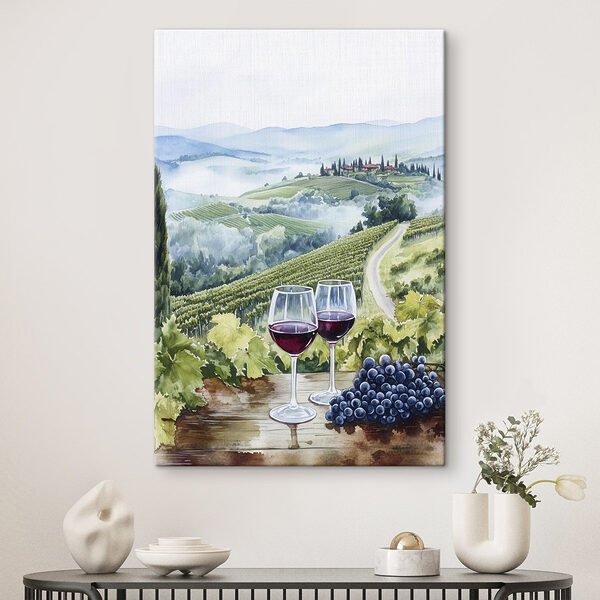 Aquarelle de verres à vin sur une table avec des raisins et des collines en arrière-plan Tableaux Aquarelle de verres à vin sur une table avec des raisins et des collines en arrière-plan