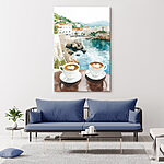 Tableaux Deux tasses de café avec une mousse en forme de cœur sur une table surplombant un plan d'eau