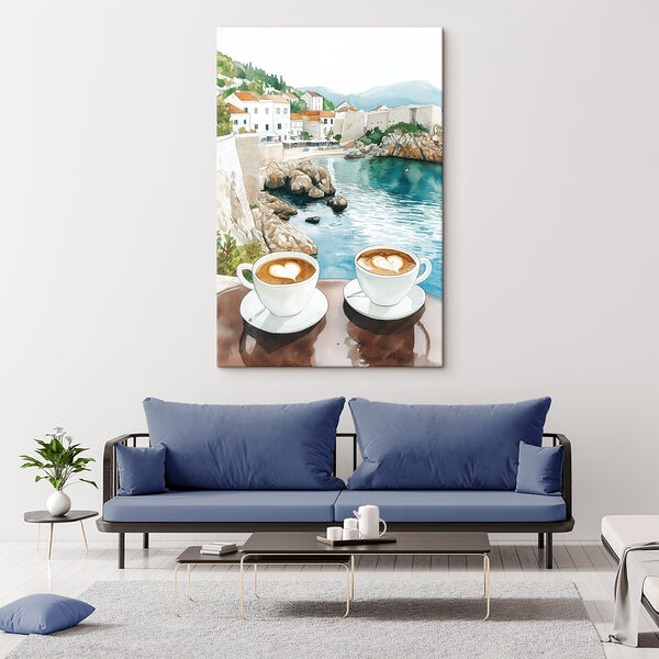 Deux tasses de café avec une mousse en forme de cœur sur une table surplombant un plan d'eau Tableaux Deux tasses de café avec une mousse en forme de cœur sur une table surplombant un plan d'eau