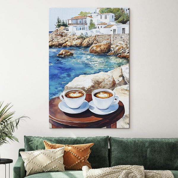 Deux tasses de café sur une table à côté d'un plan d'eau Tableaux Deux tasses de café sur une table à côté d'un plan d'eau