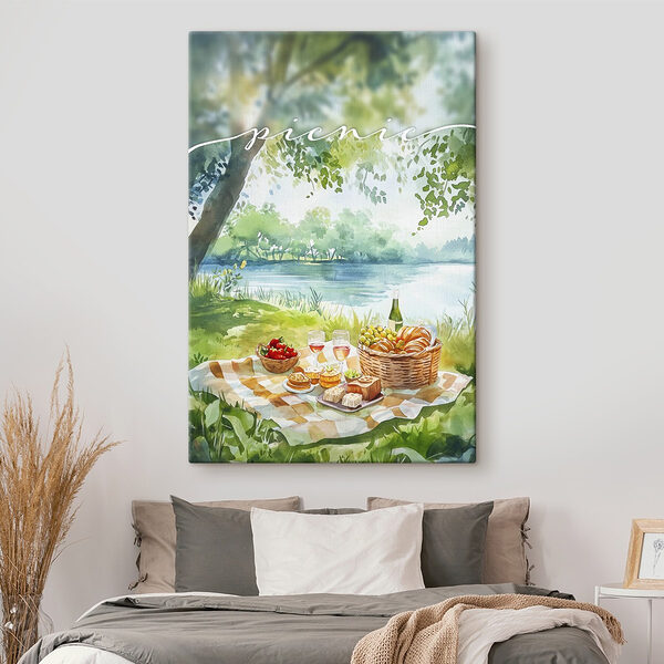 Peinture à l'aquarelle d'un pique-nique avec de la nourriture et du vin sur une couverture au bord d'un lac Tableaux Peinture à l'aquarelle d'un pique-nique avec de la nourriture et du vin sur une couverture au bord d'un lac