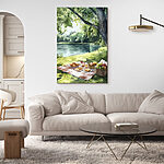 Tableaux Peinture à l'aquarelle de nourriture sur une couverture de pique-nique au bord d'un lac