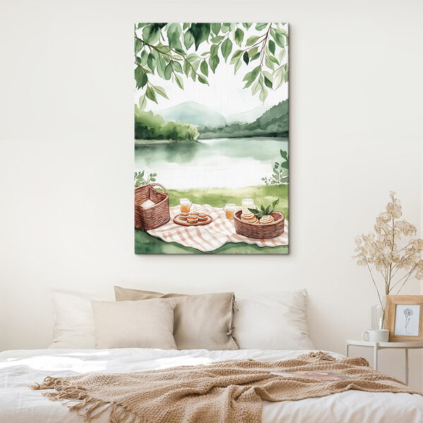 Peinture à l'aquarelle d'une couverture de pique-nique avec un panier et de la nourriture dessus Tableaux Peinture à l'aquarelle d'une couverture de pique-nique avec un panier et de la nourriture dessus