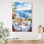 Tableaux Aquarelle représentant de la nourriture sur une table surplombant un plan d'eau