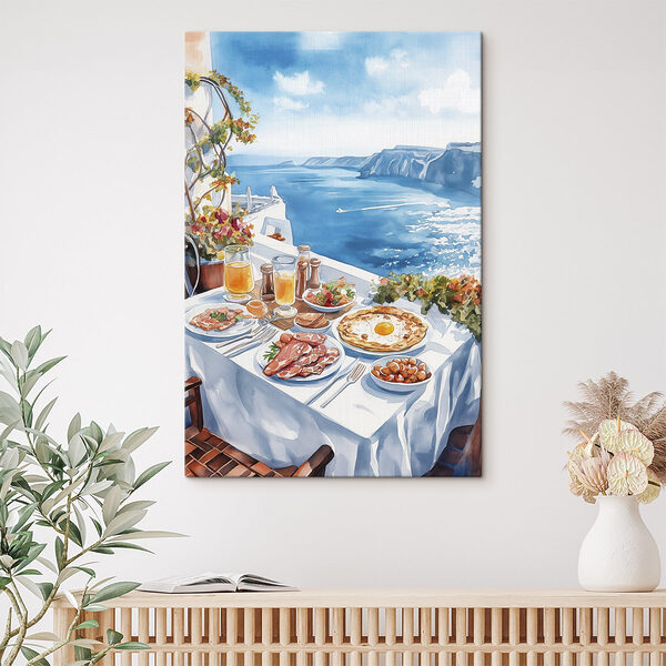 Aquarelle représentant de la nourriture sur une table surplombant un plan d'eau Tableaux Aquarelle représentant de la nourriture sur une table surplombant un plan d'eau