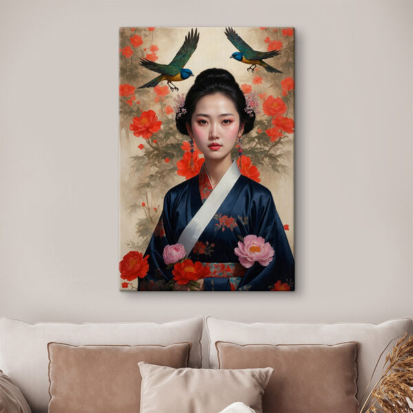 Femme en kimono avec des fleurs et des oiseaux Tableaux Femme en kimono avec des fleurs et des oiseaux