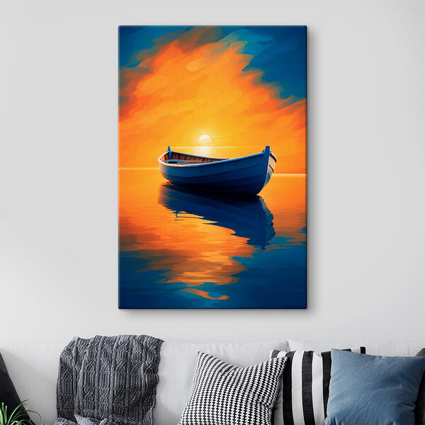 Bateau sur l'eau avec coucher de soleil en arrière-plan Tableaux Bateau sur l'eau avec coucher de soleil en arrière-plan