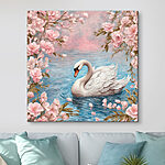 Tableaux Cygne nageant dans l'eau avec des fleurs roses