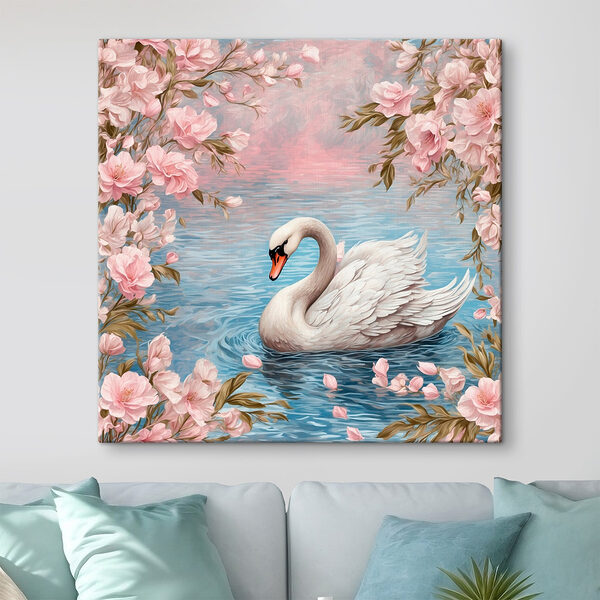 Cygne nageant dans l'eau avec des fleurs roses Tableaux Cygne nageant dans l'eau avec des fleurs roses