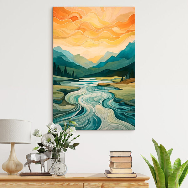 Peinture d'une rivière coulant dans une vallée Tableaux Peinture d'une rivière coulant dans une vallée