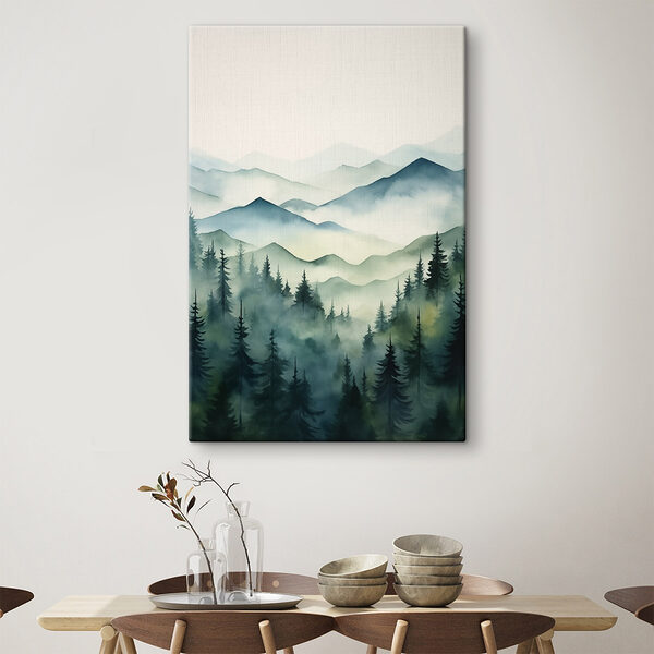 Peinture d'une chaîne de montagnes avec des arbres et du brouillard Tableaux Peinture d'une chaîne de montagnes avec des arbres et du brouillard